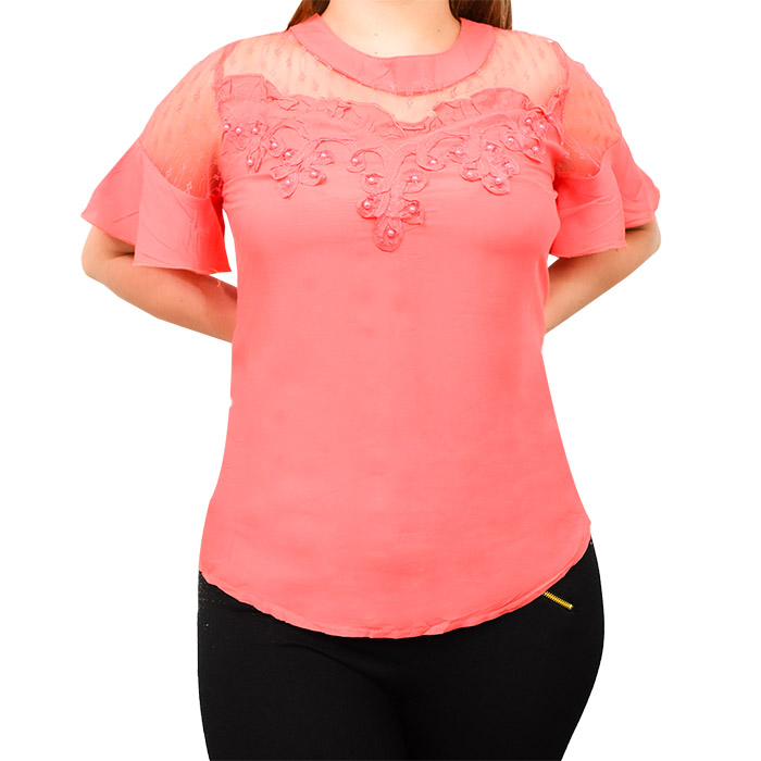 Blusa con encaje de perlas rosado fuerte
