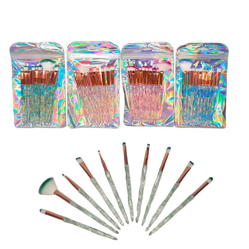 Set de brochas con glitter empaque transparente tornasol 10 unidades.