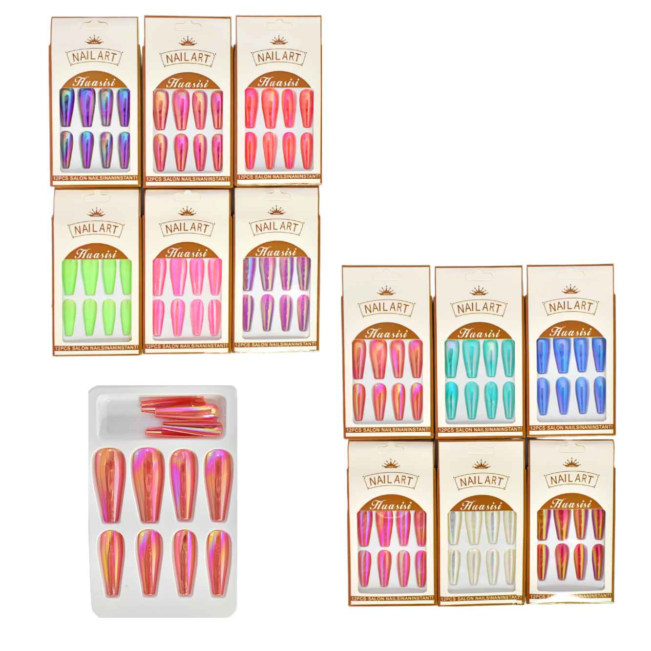 Uñas Press on de colores cromados Nail Art Huasisi 12pcs